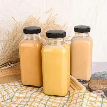 GUANENA 12 Pack Glass Drink Bottles, 12 OZ Vintage Square Water Bottles with Lids, Juice Bottles Beverages Containers for Milk, Kombucha, Smoothies