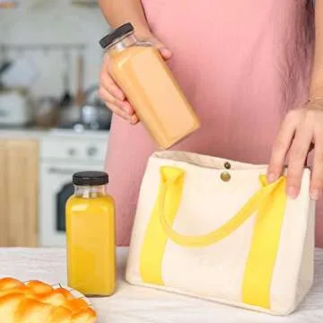 GUANENA 12 Pack Glass Drink Bottles, 12 OZ Vintage Square Water Bottles with Lids, Juice Bottles Beverages Containers for Milk, Kombucha, Smoothies