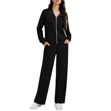 Casly Lamiit 2 Piece Sets for Women Business Casual Outfits Zip Up Track Jackets High Waist Sweatpan...