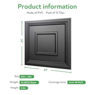 STICKGOO Black Drop Ceiling Tile 2ft x 2ft, Ceiling Panel High-Grade PVC Coverings 24 x 24in - 12 Pack Cover 48 Sq. Ft