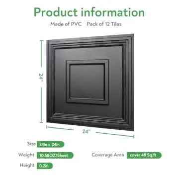 STICKGOO Black Drop Ceiling Tile 2ft x 2ft, Ceiling Panel High-Grade PVC Coverings 24 x 24in - 12 Pack Cover 48 Sq. Ft