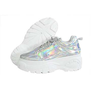 LUCKY STEP Women Chunky Platform Dad Colorblock White Neon Green Fuchsia Hologram Silver Casual Lace-Up Walking Sneakers (10 B(M) US, Hologram Silver)