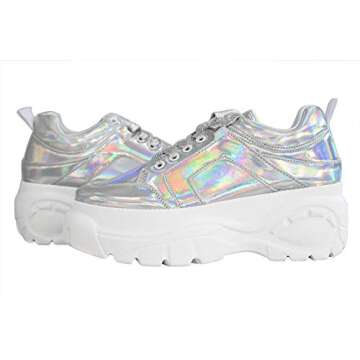LUCKY STEP Women Chunky Platform Dad Colorblock White Neon Green Fuchsia Hologram Silver Casual Lace-Up Walking Sneakers (10 B(M) US, Hologram Silver)
