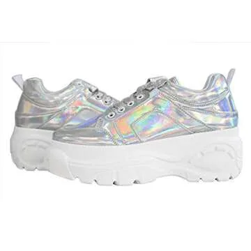 LUCKY STEP Women Chunky Platform Dad Colorblock White Neon Green Fuchsia Hologram Silver Casual Lace-Up Walking Sneakers (10 B(M) US, Hologram Silver)
