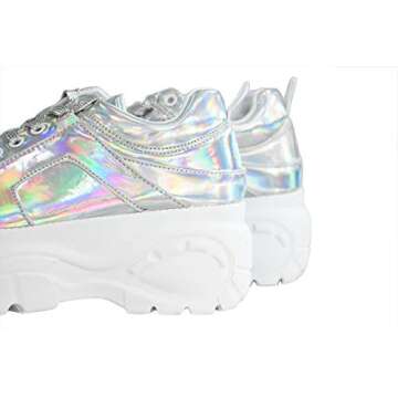 LUCKY STEP Women Chunky Platform Dad Colorblock White Neon Green Fuchsia Hologram Silver Casual Lace-Up Walking Sneakers (10 B(M) US, Hologram Silver)