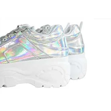 LUCKY STEP Women Chunky Platform Dad Colorblock White Neon Green Fuchsia Hologram Silver Casual Lace-Up Walking Sneakers (10 B(M) US, Hologram Silver)