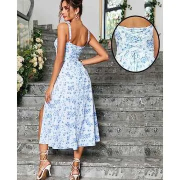Floral Midi Corset Dress Boho Flowy Slit Lace Up Dresses for Women Going Out A Line Casual Sundress Blue