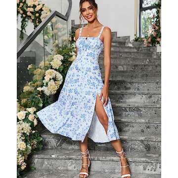 Floral Midi Corset Dress Boho Flowy Slit Lace Up Dresses for Women Going Out A Line Casual Sundress Blue