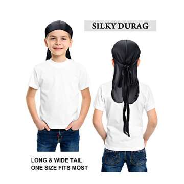 4 Pieces Kids Silky Durag with Wave Caps Set Unisex Baby Durags Long Tail and Wide Strap Headwraps Turban Beanies (Black, Royal Blue)
