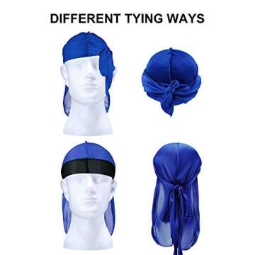 4 Pieces Kids Silky Durag with Wave Caps Set Unisex Baby Durags Long Tail and Wide Strap Headwraps Turban Beanies (Black, Royal Blue)