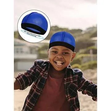 4 Pieces Kids Silky Durag with Wave Caps Set Unisex Baby Durags Long Tail and Wide Strap Headwraps Turban Beanies (Black, Royal Blue)