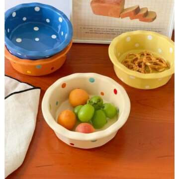 yaocoral 2 Pack 12 OZ Medium Ceramics Candy Bowl Polka Dot Candy Dish Cute Ceramic Bowls for Dessert,Snack,Fruit,Yogurt,Cereal,Ice Cream,Breakfast,Salad,Soup,Side Dishes,Kitchen Prep