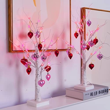 Efunly 2Pack Valentines Day Decor Lighted Birch Tree with Heart-Shaped Ornaments,USB&Battery Operate...