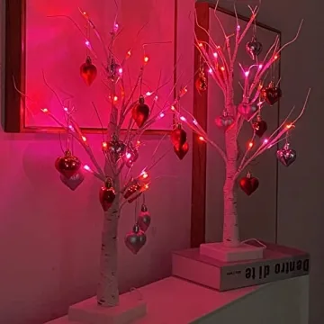 Efunly Lighted Birch Tree with Heart Ornaments for Valentine's Decor