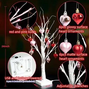 Efunly Lighted Birch Tree with Heart Ornaments for Valentine's Decor