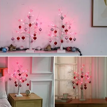 Efunly Lighted Birch Tree with Heart Ornaments for Valentine's Decor