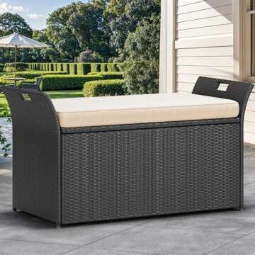 YITAHOME 90 Gallon Outdoor Wicker Storage Bench w/Cushion, Large PE Rattan Deck Storage Box w/Handle...
