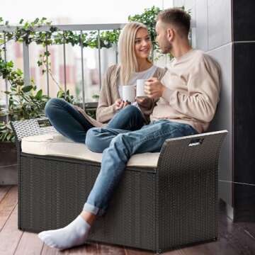 YITAHOME 90 Gallon Outdoor Wicker Storage Bench w/Cushion, Large PE Rattan Deck Storage Box w/Handles & Hydraulics for Patio Furniture, Cushions, Garden Tools, Pool & Sports Equipment, Black&Beige