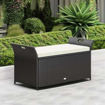 YITAHOME 90 Gallon Outdoor Wicker Storage Bench w/Cushion, Large PE Rattan Deck Storage Box w/Handles & Hydraulics for Patio Furniture, Cushions, Garden Tools, Pool & Sports Equipment, Black&Beige