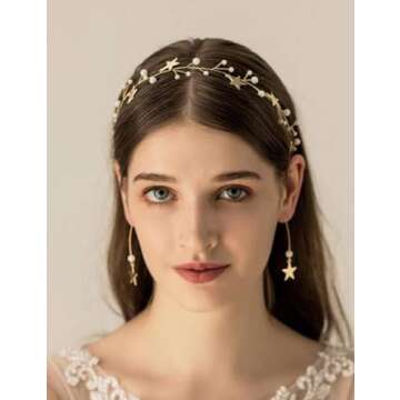 BERYUAN Sequins Pearl Star Headband Earrings Set Gold Wedding Hair Accessories Tassel Star Pendant Jewelry for Her Gift for Women Girls (Gold)