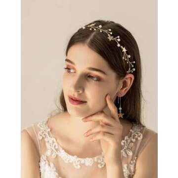 BERYUAN Sequins Pearl Star Headband Earrings Set Gold Wedding Hair Accessories Tassel Star Pendant Jewelry for Her Gift for Women Girls (Gold)