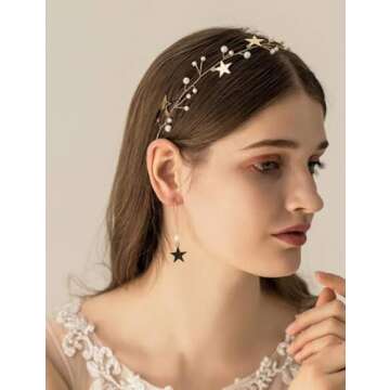 BERYUAN Sequins Pearl Star Headband Earrings Set Gold Wedding Hair Accessories Tassel Star Pendant Jewelry for Her Gift for Women Girls (Gold)