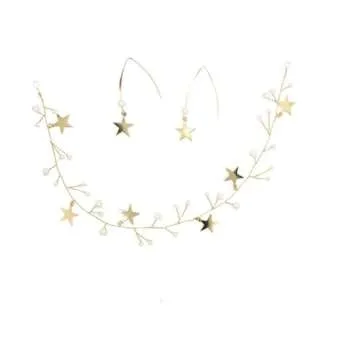 BERYUAN Sequins Pearl Star Headband Earrings Set Gold Wedding Hair Accessories Tassel Star Pendant Jewelry for Her Gift for Women Girls (Gold)