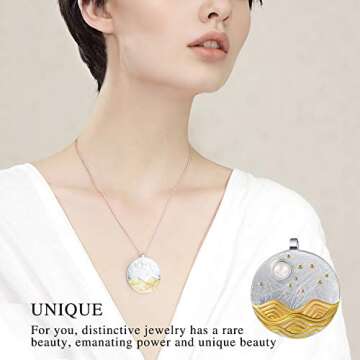 Lotus Fun S925 Sterling Silver Necklace Pendant Moonlight on the Sea Pendant with Link Chain length ...