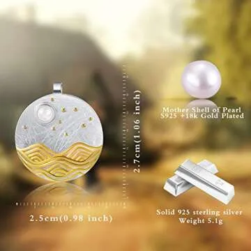 Lotus Fun S925 Sterling Silver Necklace Pendant Moonlight on the Sea Pendant with Link Chain length 17inches, Handmade Jewelry Gifts for Women (Silver)