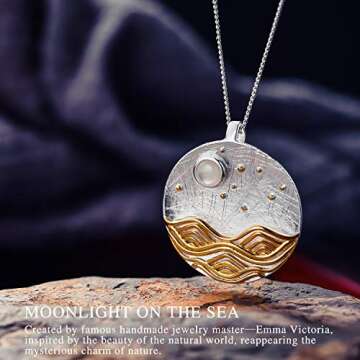Lotus Fun S925 Sterling Silver Necklace Pendant Moonlight on the Sea Pendant with Link Chain length 17inches, Handmade Jewelry Gifts for Women (Silver)