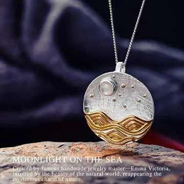 Lotus Fun S925 Sterling Silver Necklace Pendant Moonlight on the Sea Pendant with Link Chain length 17inches, Handmade Jewelry Gifts for Women (Silver)