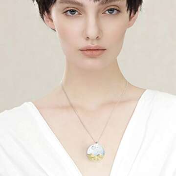 Lotus Fun S925 Sterling Silver Necklace Pendant Moonlight on the Sea Pendant with Link Chain length 17inches, Handmade Jewelry Gifts for Women (Silver)