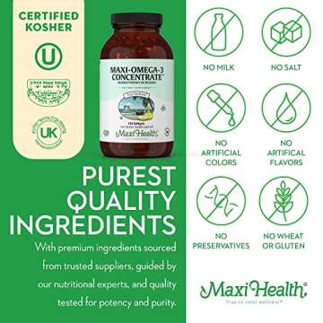 Omega 3 Supplement - Omega-3 Fish Oil Concentrate - Higher Potency Source of EPA / DHA Fatty Acids - Heart, Brain & Joint Health - Kosher Certified Wild Caught Marine Fish - 180 Vegetarian Softgels