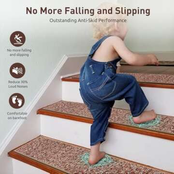Stair Treads Non Slip, PATTENGO 4 Pack 8" X 30" Carpet Stair Treads for Wooden Steps Indoor, Stair Runners for Kids Elders and Pets, Self-Adhesive Washable Stair Rugs, Polyester TPR Backing