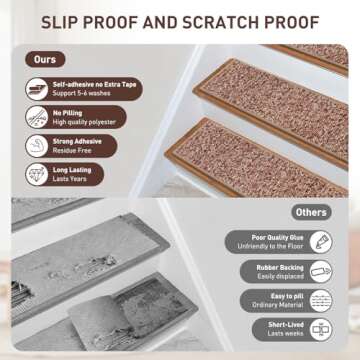 Stair Treads Non Slip, PATTENGO 4 Pack 8" X 30" Carpet Stair Treads for Wooden Steps Indoor, Stair Runners for Kids Elders and Pets, Self-Adhesive Washable Stair Rugs, Polyester TPR Backing