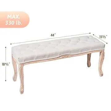 VONLUCE Vintage Dining Bench with Padded Seat & Rubberwood Legs, 44" Memory Foam Upholstered Entryway Bench, Tufted Fabric End of Bed Bench for Bedroom and Living Room, French Style, Beige