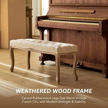 VONLUCE Vintage Dining Bench with Padded Seat & Rubberwood Legs, 44" Memory Foam Upholstered Entryway Bench, Tufted Fabric End of Bed Bench for Bedroom and Living Room, French Style, Beige