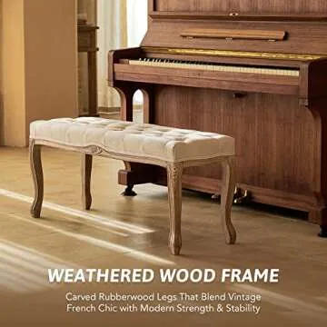 VONLUCE Vintage Dining Bench with Padded Seat & Rubberwood Legs, 44" Memory Foam Upholstered Entryway Bench, Tufted Fabric End of Bed Bench for Bedroom and Living Room, French Style, Beige