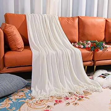 NTBAY Acrylic Knitted Throw Blanket, Lightweight and Soft Cozy Decorative Woven Blanket with Tassels for Travel, Couch, Bed, Sofa, 51x67 Inches, White Striped