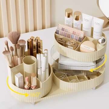 XING ZHONG Rotating Makeup Organizer for Vanity,3-Tier Makeup Countertop Organizer with Makeup Brush Holder,Large Capacity Cosmetic Storage Cases for Perfume Jewellry Lipstick,Bathroom Organizer