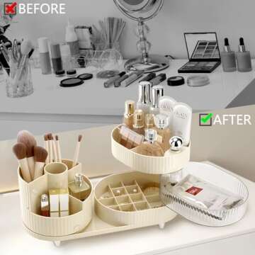 XING ZHONG Rotating Makeup Organizer for Vanity,3-Tier Makeup Countertop Organizer with Makeup Brush Holder,Large Capacity Cosmetic Storage Cases for Perfume Jewellry Lipstick,Bathroom Organizer