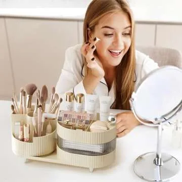 XING ZHONG Rotating Makeup Organizer for Vanity,3-Tier Makeup Countertop Organizer with Makeup Brush Holder,Large Capacity Cosmetic Storage Cases for Perfume Jewellry Lipstick,Bathroom Organizer