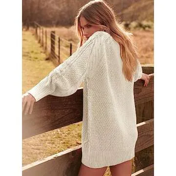 ANRABESS Women Long Sleeve Oversized Cable Knit Chunky Baggy Loose Pullover Tunic Mini Sweater Dress 2024 Trendy Fall Outfits Beige Medium