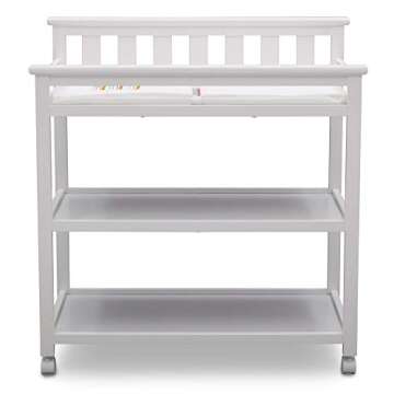 Delta Children Flat Top Changing Table with Wheels and Changing Pad - Greenguard Gold Certified, Bianca White