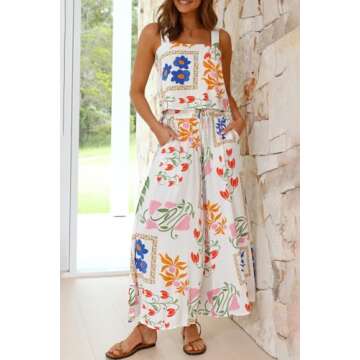 Melliflo Womens Boho Floral Y2k Summer 2 Piece Outfits Square Neck Tank Pants and Wide Leg Pants Set