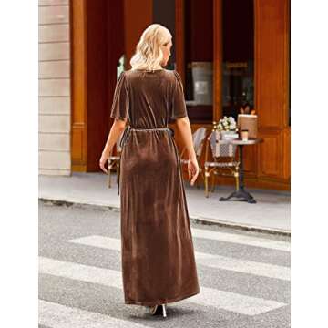 MEROKEETY Women's V Neck Velvet Formal Dress Ruffle Sleeve Tie Waist Slit Elegant Long Dresses 2024, Brown, Large