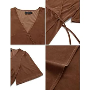 MEROKEETY Women's V Neck Velvet Formal Dress Ruffle Sleeve Tie Waist Slit Elegant Long Dresses 2024, Brown, Large