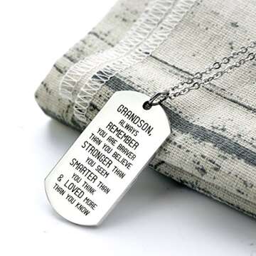 danjie To My GrandSon Dog Tag Military Stainless Steel Pendant Necklace Grandson Always Remember You are Braver Stronger Smarter than you think