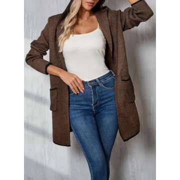 Sidefeel Cardigan Sweaters for Women Long Sleeve Open Front Contrast Chunky Knit Fall Clothes Oversized Hooded Sweaters Coat Brown Small