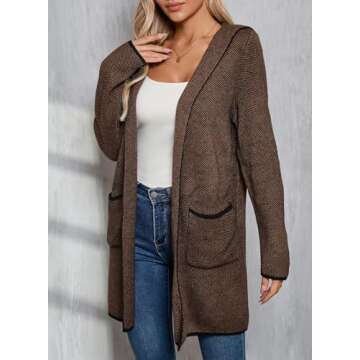 Sidefeel Cardigan Sweaters for Women Long Sleeve Open Front Contrast Chunky Knit Fall Clothes Oversized Hooded Sweaters Coat Brown Small